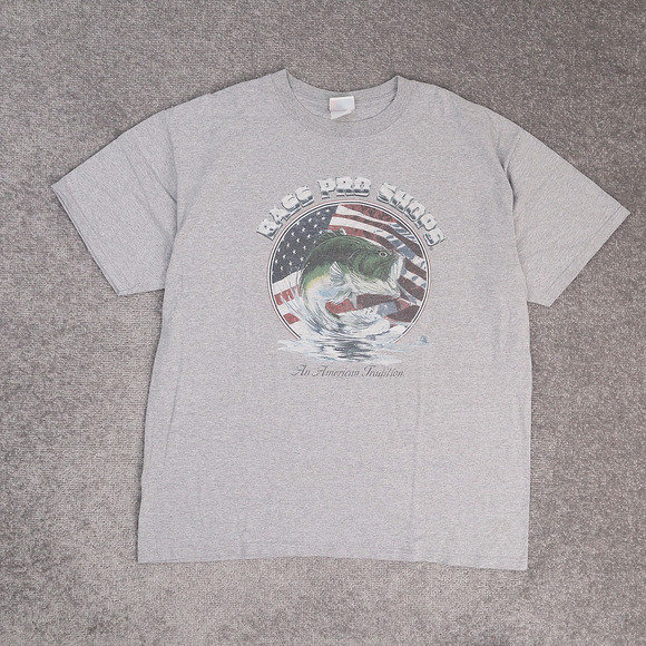 VTG Y2K Bass Pro Shop USA Flag Fishing 2XL Gray Short Sleeve T-Shirt - Picture 1 of 9
